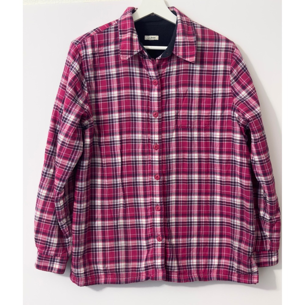 LL Bean Flannel Shirt Jacket Womens L Pink Plaid Fleece Lined Shacket